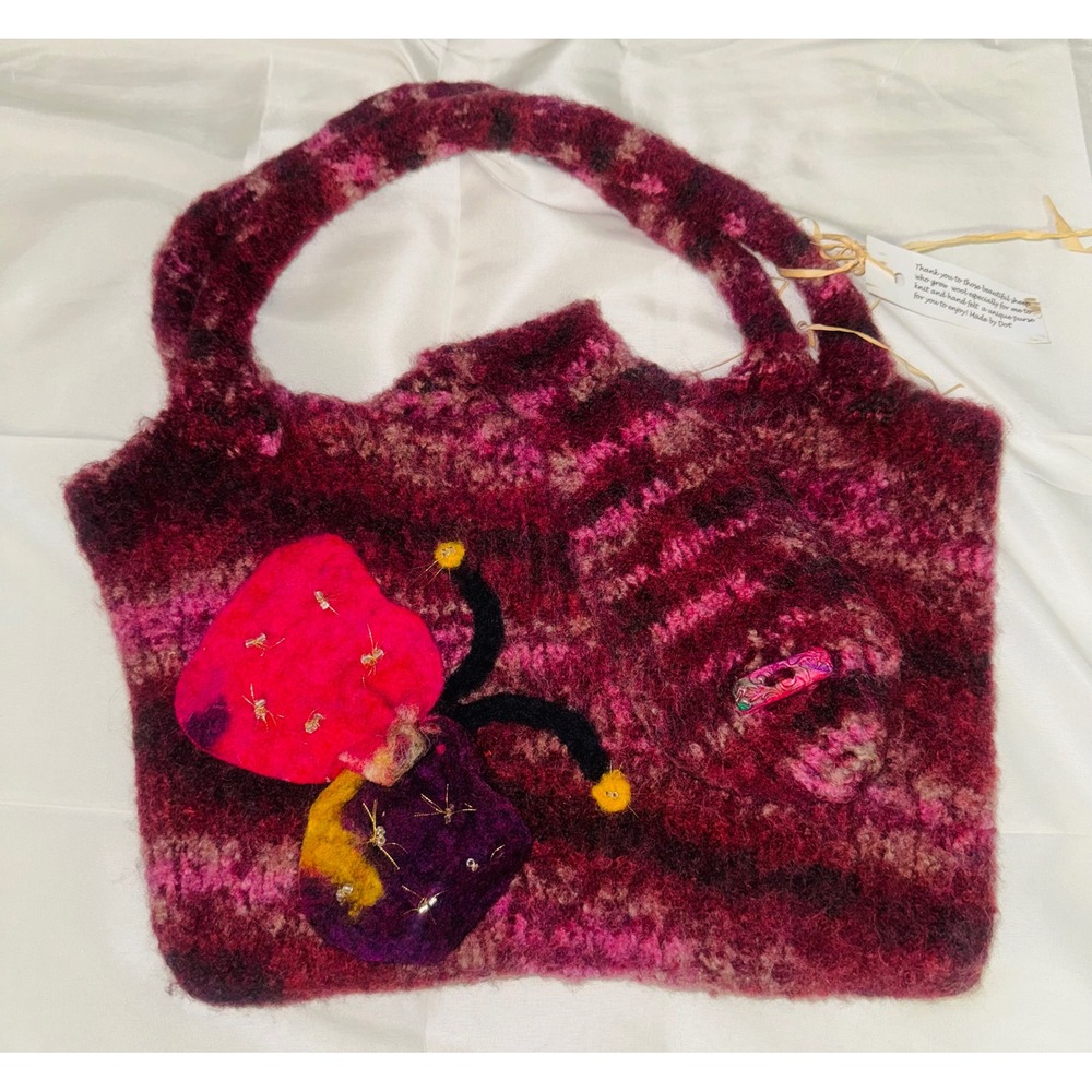 Handmade Wool Felted Boho Mushroom Bag Unique Artisan Tote Burgundy Pink‎